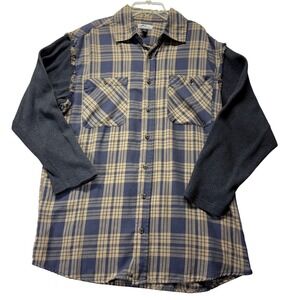 Blue Mountain Flannel Shirt Mens Medium Blue Cotton Plaid Waffle Knit Sleeves